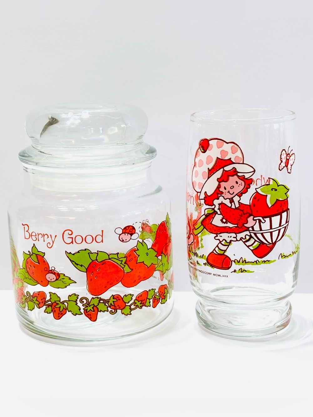 Vintage 80s Strawberry Shortcake Glass Canister Jar Berry Good & Tumbler Lot